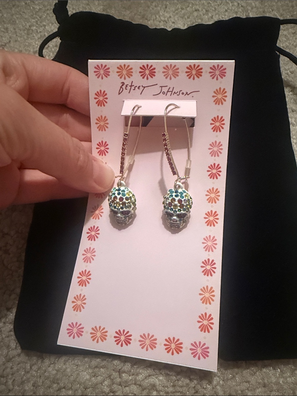 Betsey Johnson Multicolor Crystal Skull Dangle Earrings